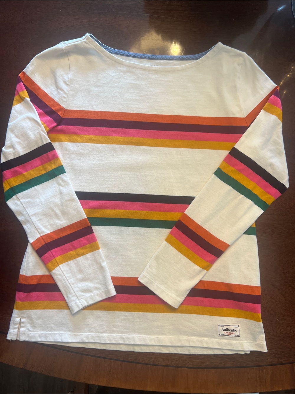 Talbots White Long-Sleeve Tee with Pink, Orange, Yellow & Green Stripes